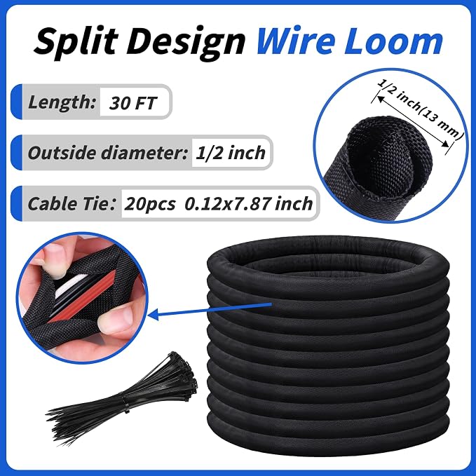 30FT Split Braided Sleeve Cable Management, 1/2 Inch Wire Loom Tubing Cord - Image 2