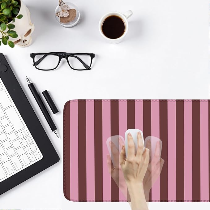Pink and Burgundy Striped Desk Mat Cute Pastel XXL Large Gaming Mouse Pad Desk - Image 6