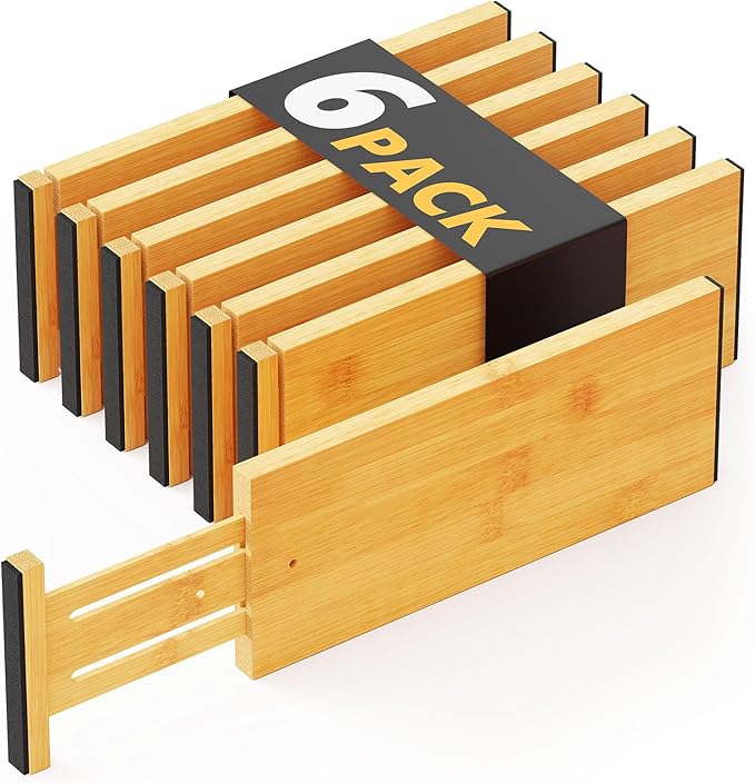 SpaceAid Bamboo Dresser Drawer Dividers 6 Pack, 4.65“ High Adjustable 12.5“-17” by SpaceAid