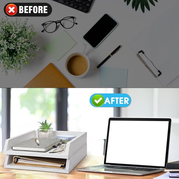 DoubleFill 2 Pcs Wooden Letter Trays 2 Tier Desktop Paper Organizer Wood - Image 5