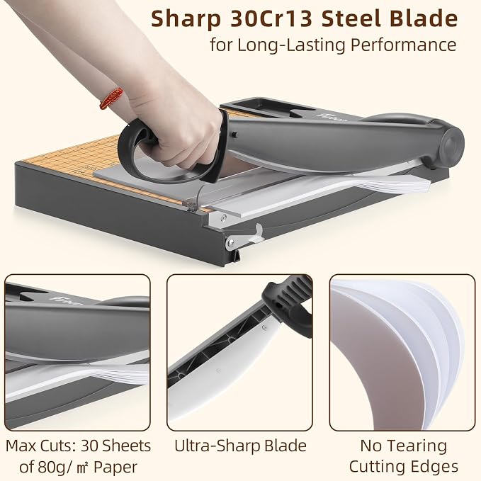 Firbon 12-Inch Wood Base Guillotine Paper Cutter, Heavy Duty 30-Sheet Capacity - Image 2