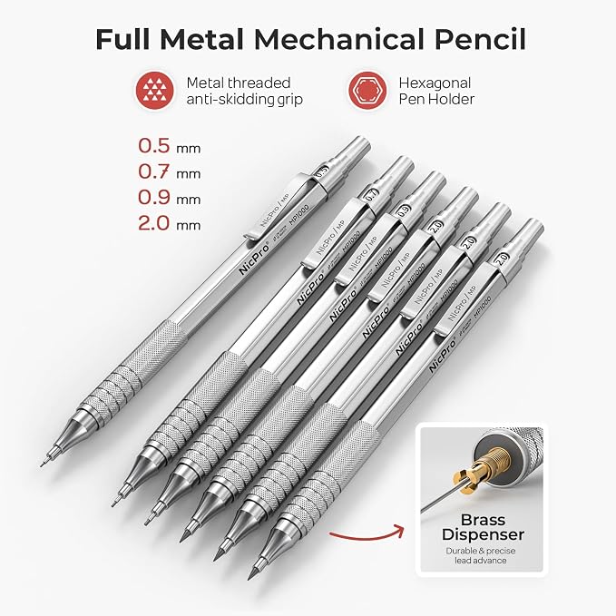 Nicpro 30PCS Silver Metal Mechanical Pencils Set in Leather Case, Art Drafting - Image 2