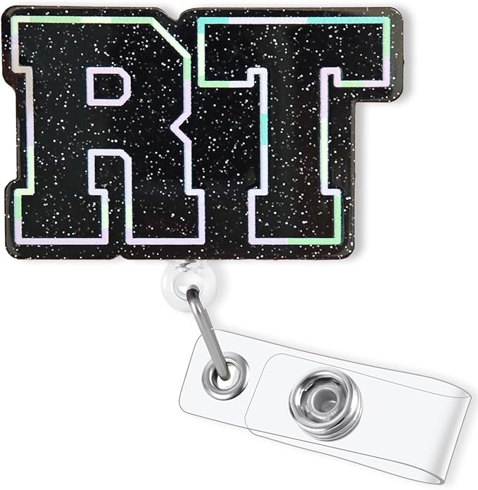 Glitter Black RT Badge Reel Retractable, Cute Respiratory Therapist Acrylic by Bydevia