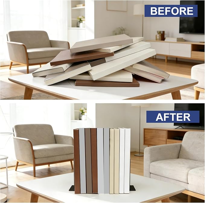 Book Ends for Shelves, 4 Pack Metal Bookends, Compact Book Stopper for Small - Image 7