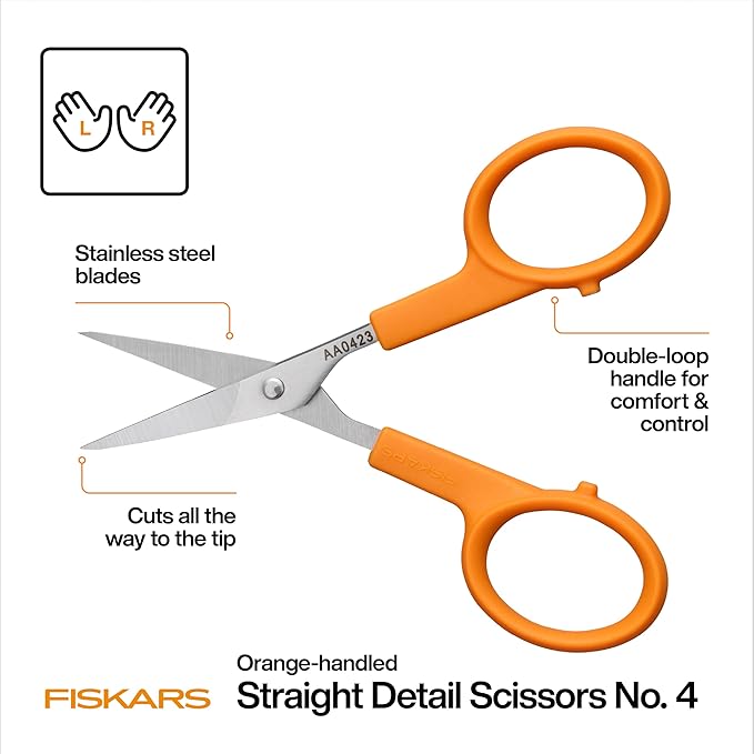 Fiskars 4" Orange-Handled No. 4 Straight Detail Scissors, Precision Stainless - Image 2