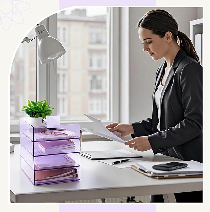 Harloon 4 Tier Clear Purple Acrylic Paper Organizer Letter Tray, Aesthetic - Image 7