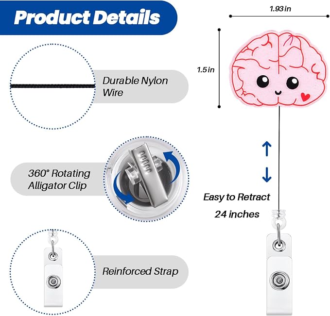 Cute Pink Brain Funny Neurology Nurse Badge Reel, Acrylic Retractable ID Card - Image 2