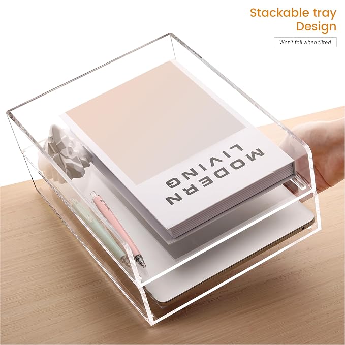 HeZone Paper Organizer Letter Tray, Acrylic Desk Organizer, Stackable Paper Tray - Image 6