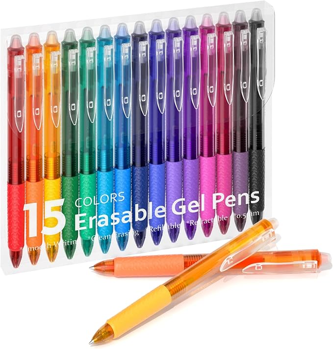 Lineon Erasable Gel Pens, 15 Colors Retractable 0.5mm Fine Point Erasable Pens by ShuttleArt