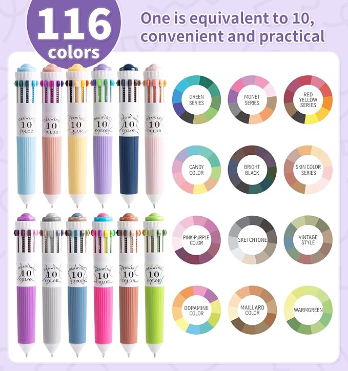 12 Pack Multicolor Pens, 10-in-1 Colored Ballpoint Pen, 116 Colors, 0.8mm Fine - Image 3