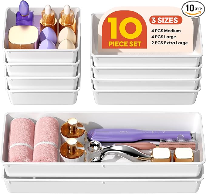10 Pack Large Size Plastic Drawer Organizers Set, 3 Sizes Desk Drawer Organizer by Unknown