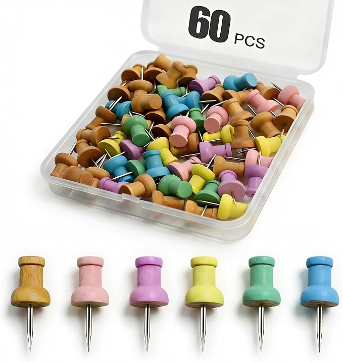 Colorful Wood Push Pins, Decorative Wooden Thumb Tacks by Unknown