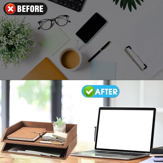 Beeveer 2 Pcs Dark Wood Letter Tray Wooden Desk Paper Organizer 2 Tier - Image 5