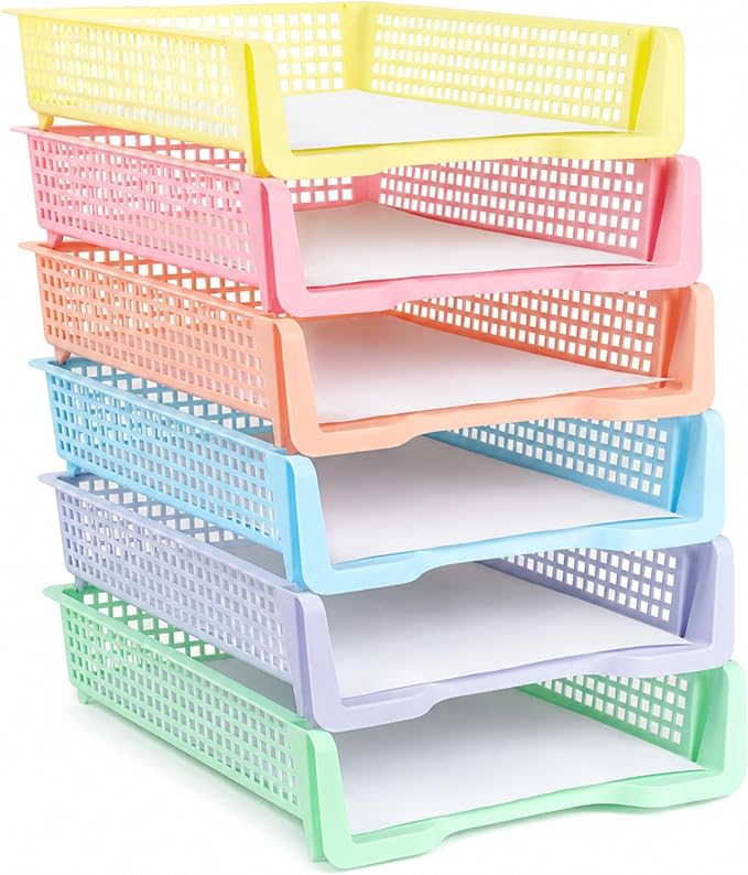 Set of 6 Pastel Turn in Trays for Teachers Stackable Classroom Paper Letter by CHUNNIN