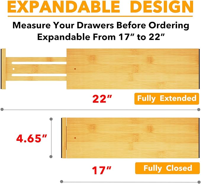 SpaceAid Bamboo Dresser Drawer Dividers 6 Pack, 4.65“ High Adjustable 17“-22” - Image 3