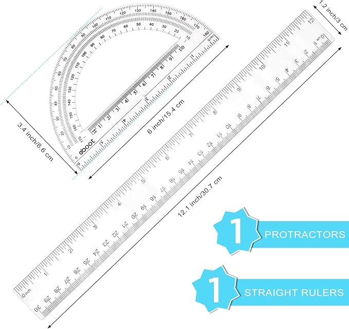 Zonon 2 Pcs 12 Inch Clear Ruler and 6 Inch Plastic Protractor Set, Dual Scale - Image 2