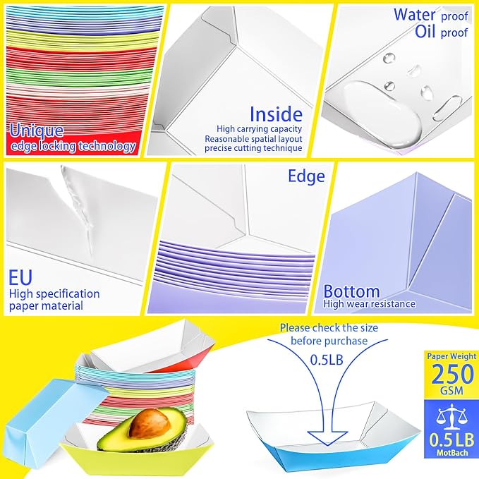 180 Pack Colorful 1/2Lb Paper Food Boat Trays Disposable Small Paper Boats - Image 3