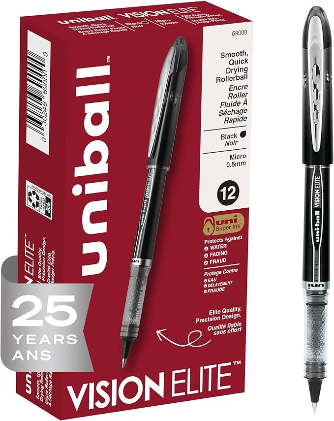 uni-ball Vision Elite Rollerball Pens Fine Point Micro Tip, 12 Pack by uni-ball