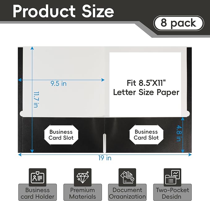 8 Packs Black Two Pocket File Folders, File Folder Letter Size, 8.5x11Inches - Image 2