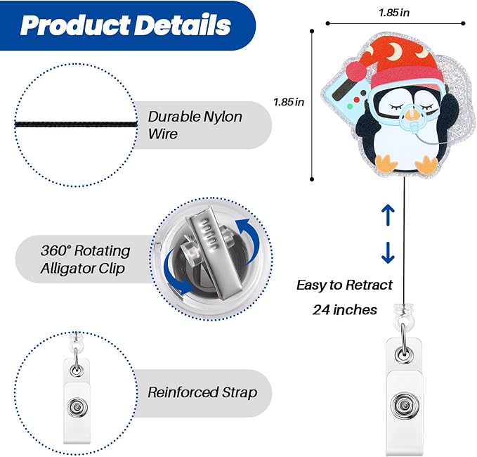 Funny Sleep Study Nurse Badge Reel, Cute Nightcap CPAP Penguin Retractable ID - Image 3