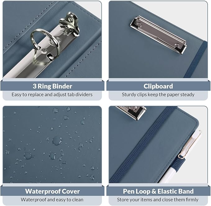SKYDUE 3 Ring Binder with Clipboard, 13.2" × 10.2" Faux Leather 1 Inch Binder - Image 6