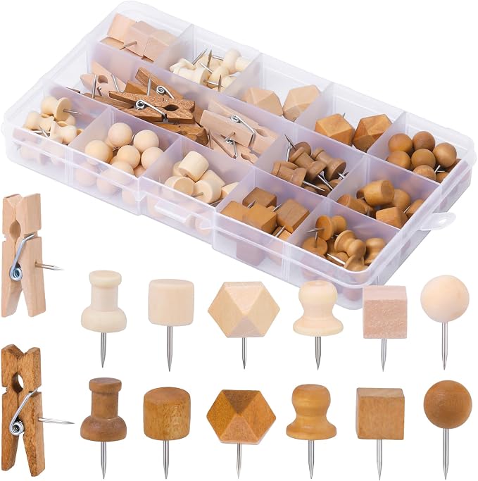 TLKKUE 118 Pieces Wooden Push Pins, 7 Style Wood Push Pins Decorative Thumb by TLKKUE