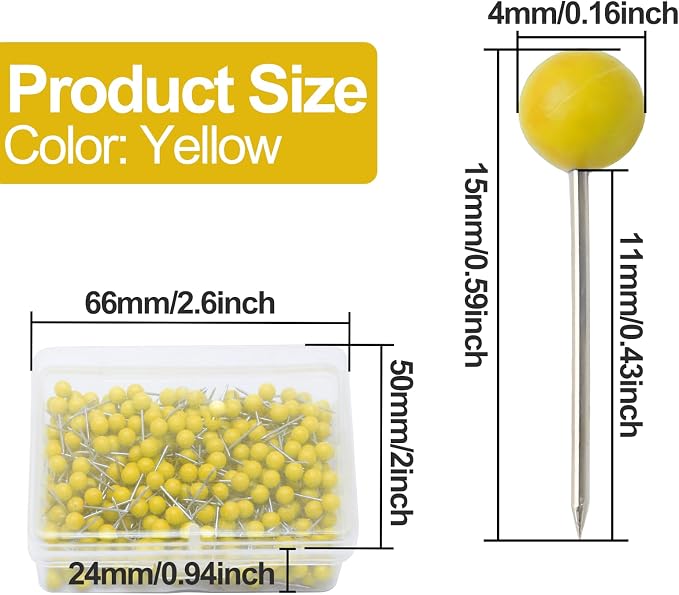 500Pcs Yellow Map Pins, 1/8 Inch Map Tacks, Round Ball Head Map Push Pins - Image 2