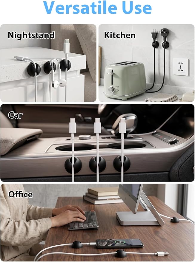 Shintop Cord Organizer, 6 Pack Black Charger Holder Cable Clips Wire Clips - Image 6