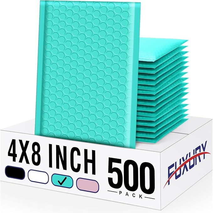 Fuxury Small Bubble Mailers 4x8 Inch 500 Pack, Teal Bubble Mailer, Self Seal by Fuxury