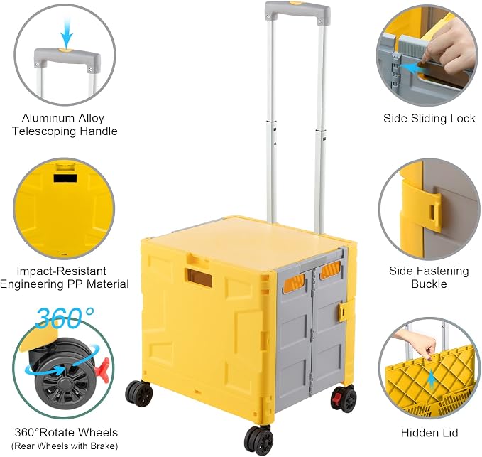 FELICON Folding Utility Cart Rolling Crate Handcart Basket Tote-Yellow+Gray | - Image 2