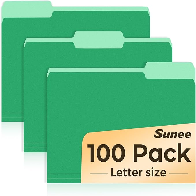 SUNEE File Folders Letter Size Green, 100 Pack Manilla Folders 8.5 x 11 1/3-Cut by SUNEE