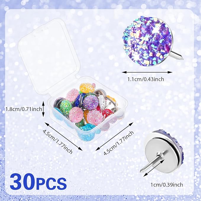 Mabor 30Pcs Decorative Thumb Tacks Glitter Rhinestone Cute Push Pins | Fun Push - Image 2