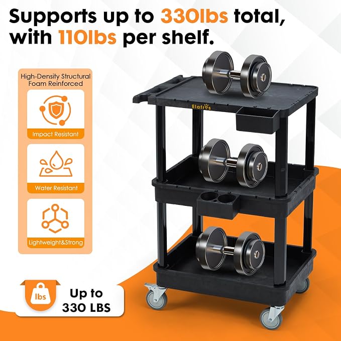 ELAFROS 3-Tier Flat Top & Deep Tub Rolling Utility Cart, 27.5 x 18.25 in | 330 - Image 6