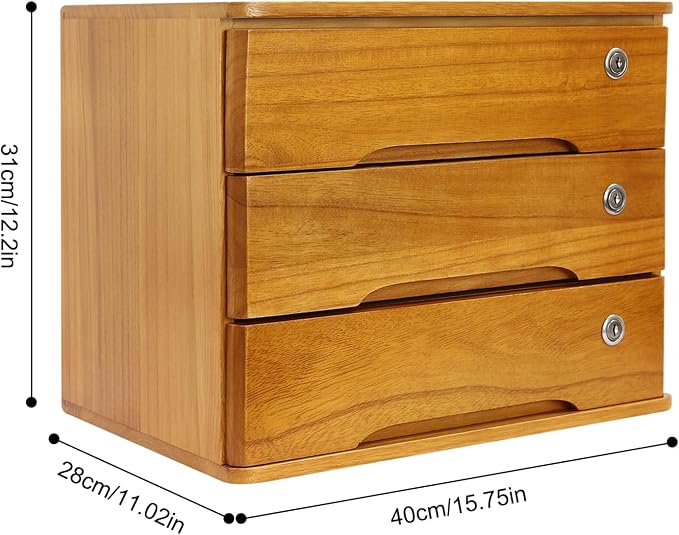 Lockable Desk Organizer Wooden Desktop Drawers Office Flat Files Storage Box - Image 3