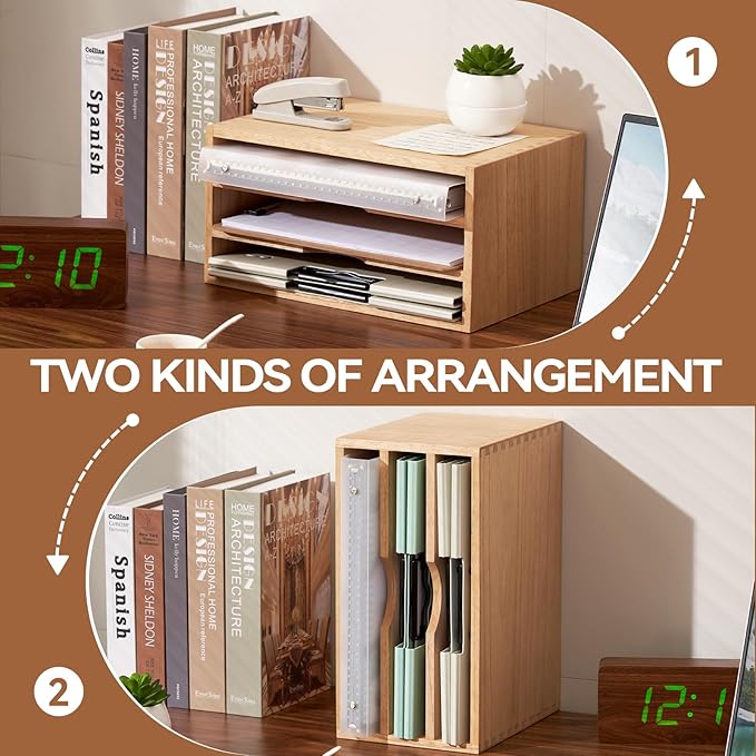 KIRIGEN Wooden Desktop Organizer, 3 Tier Solid Wood Letter Tray and Paper File - Image 4