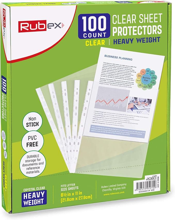 Heavyweight Sheet Protectors, Holds 8.5 x 11 inch Sheets, 9.25 x 11.25 inch Top by RUBEX