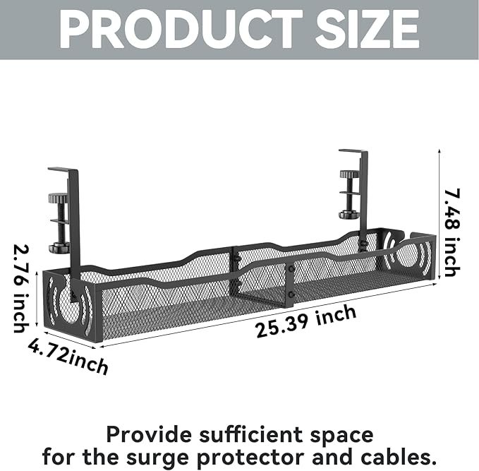 Cable Management, 25.3'' Under Desk Cable Management Tray No Drill, Metal Cable - Image 5