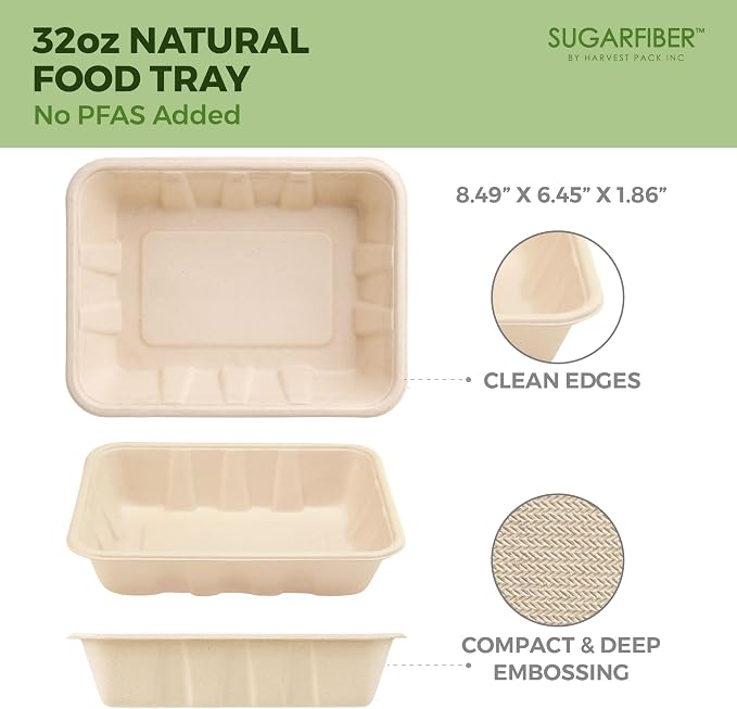Harvest Pack 32 oz Compostable Food Trays, 8.49" x 6.45" x 1.86" Disposable - Image 2
