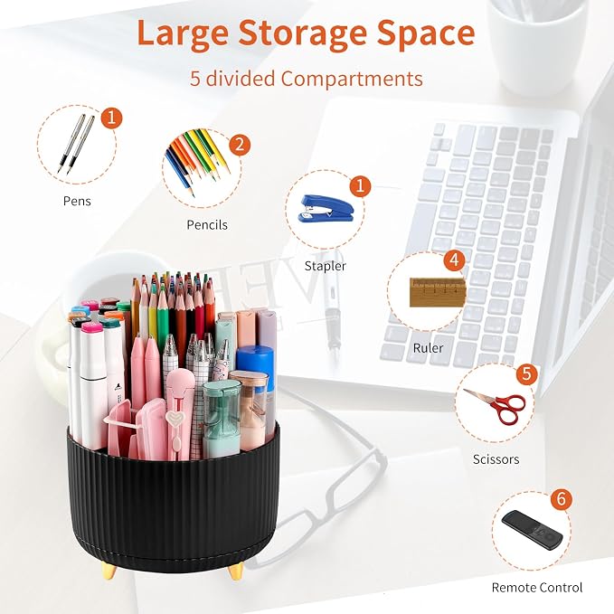 Desk Pencil Pen Holder, 5 Slots 360°Degree Rotating Pen Organizers - Image 3