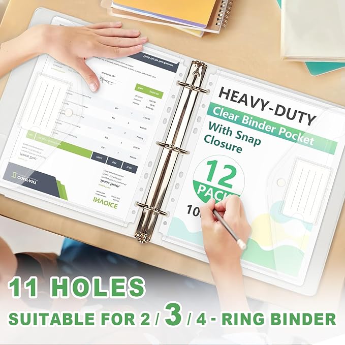 HOUYEE 12 Pack Clear Binder Pocket, 11 Holes Heavy-Duty Plastic Binder Pouch - Image 5