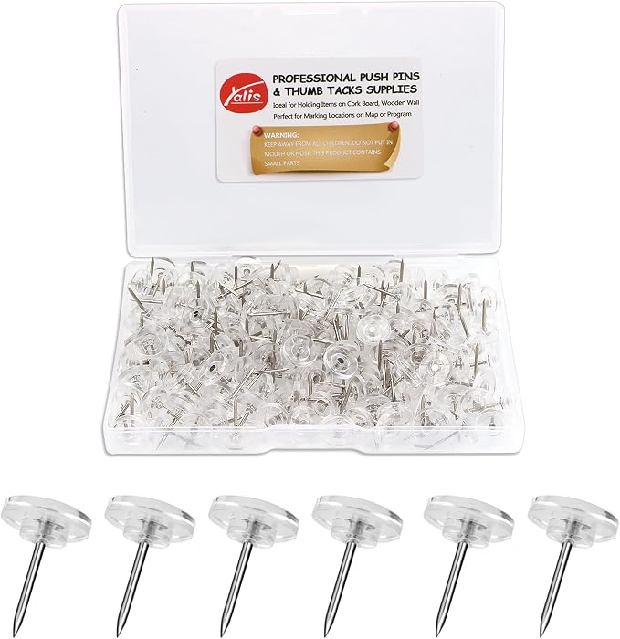 Push Pins 200-count Flat Clear Thumb Tacks Steel Point and Plastic Head by Yalis