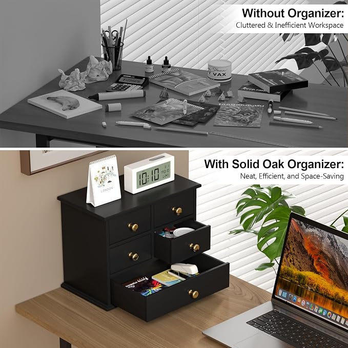 Oak Desk Organizer with Drawers, Durable Wooden Desktop Storage Box with Metal - Image 5