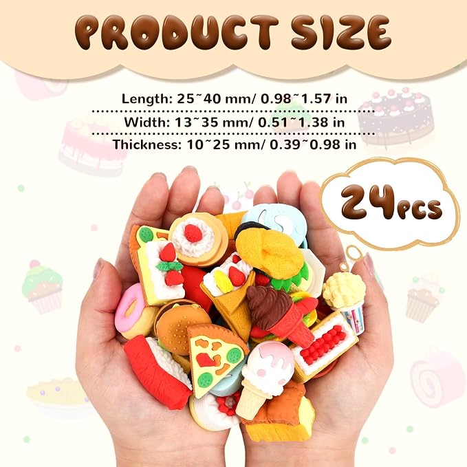 24 Pcs Mini Food Erasers, 3D Fruit Cake Dessert Pencil Erasers, Take Apart - Image 2