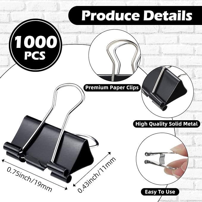 Yexiya 1000 Pcs Binder Clips Bulk Assorted Sizes Black Paper Clips Small Binder - Image 2