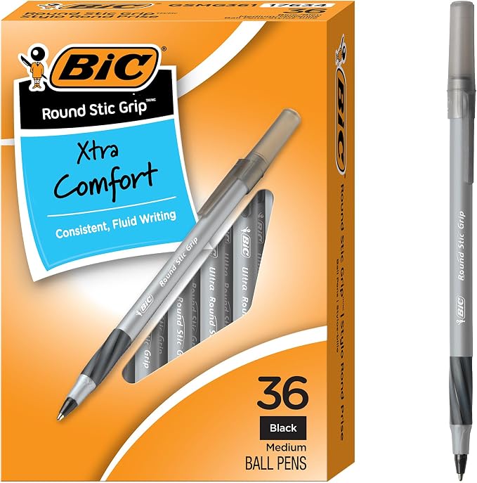 BIC Round Stic Grip Xtra Comfort Black Ballpoint Pens, Medium Point, 36-Count by BIC