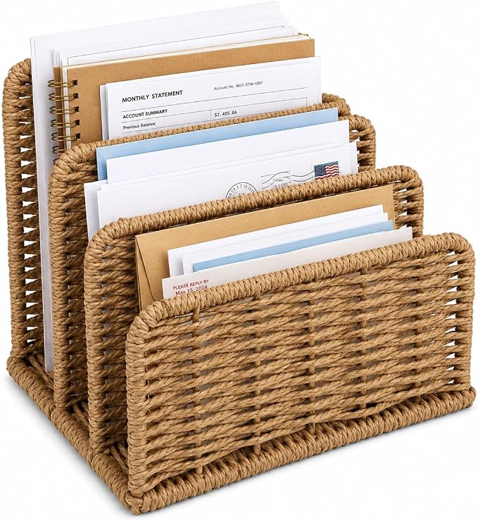 Desk Mail Organizer, 3-Slot Woven Letter Sorter File Tray, Office and Home Use by Unknown