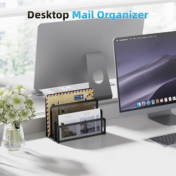 Marbrasse Mail Organizer for Desk, 3-Slot Mesh Metal Mail Holder countertop - Image 4