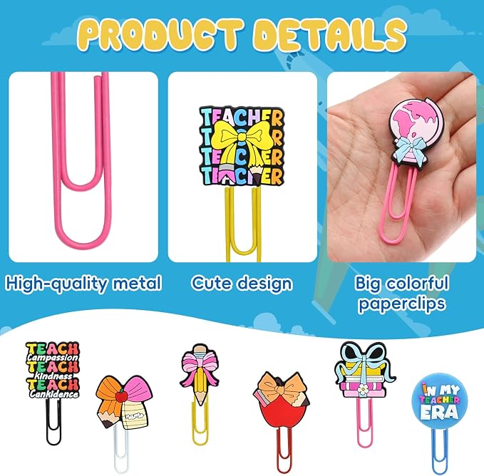 30 PCS Teacher Paper Clips Metal Paperclip Large Size Paper Clip Cute Bookmark - Image 2