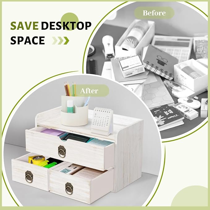 Wood Desk Organizer with Drawer, Tabletop Storage Organization Box - Image 6