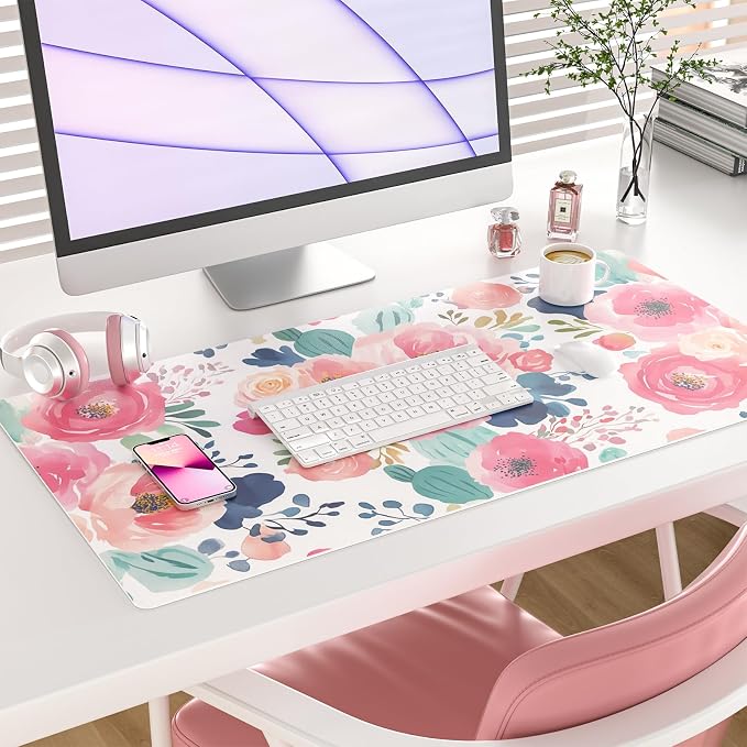 Colorful Star Large Mouse Pad, Women Girls Flowers PU Leather Waterproof Desk - Image 2